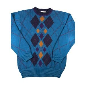 Vtg 90's Sears Teal‎ Argyle Knit Crewneck Sweater Grandpacore Fair Isle Sz M EUC